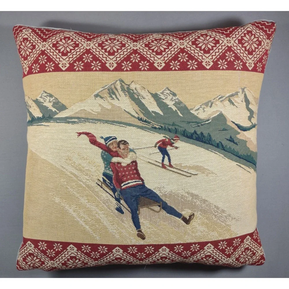 Hines of Oxford Woven Tapestry Sledding Alps Nordic Snowflake Throw Pillow 16x17